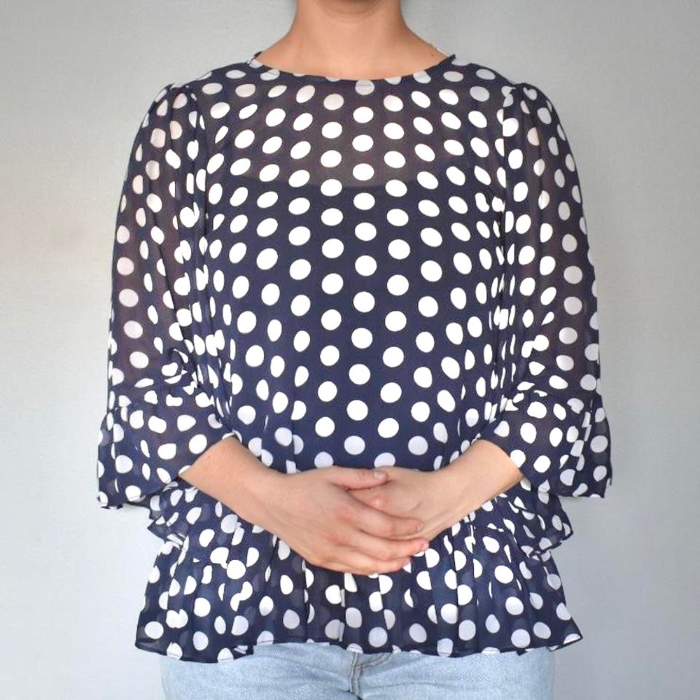 Michael Kors Navy Blue & White Polka Dot Long Sleeved Flowy Light Blouse